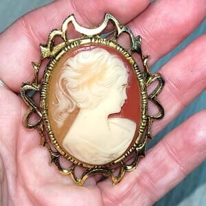 Vintage Cameo Brass Gold Tone Brooch Resin Oval Filigree Resin Pony Tail Woman